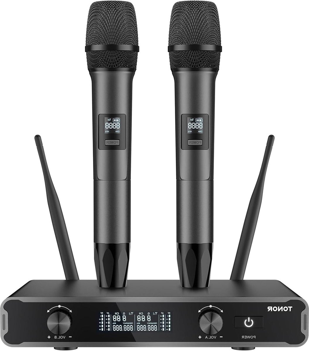 Karaoke set Karaoke machine Draadloze Microfoons Microfoon draadloze Dual Handheld Dynamische Karaoke Zangmicrofoon Systeem met Ontvanger voor Karaoke KTV feest kerk 2x5 UHF instelbare frequenties 60M grijs