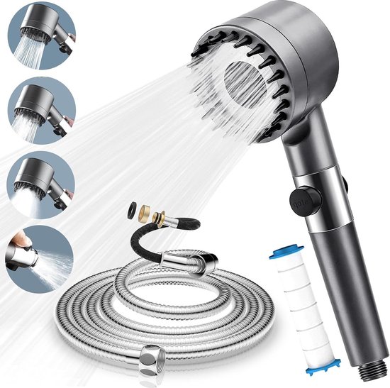 Makefit Gefilterde douchekop en handdouche, 2-in-1 spa-systeem met massagedouchekop, 10 standen voor de handdouche, hoge druk, krachtige ingebouwde Power Wash-modus (chroom
