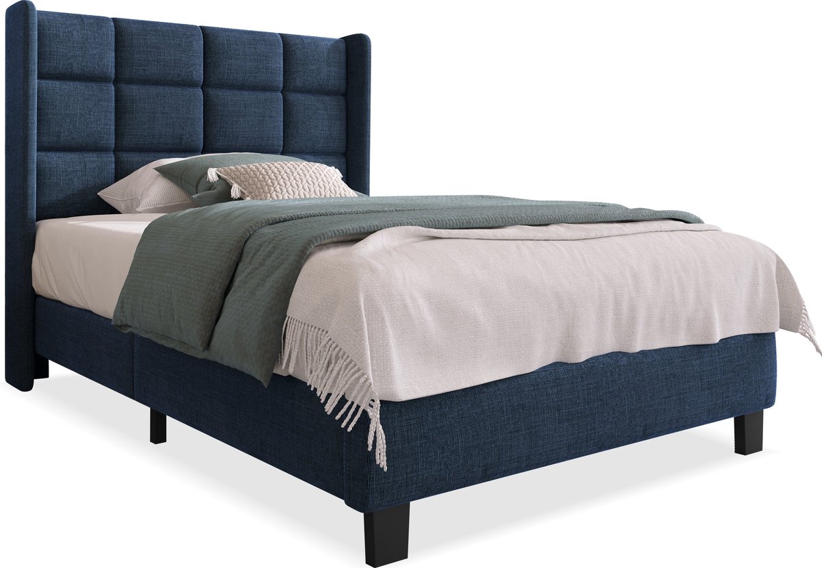 Merax Gestoffeerd Bed 90x200 cm met Hoofdbord en Lattenbodem - Blauwe Linnen Bed voor Volwassenen en Tieners - Medium Hardheid (Matras niet Inbegrepen)