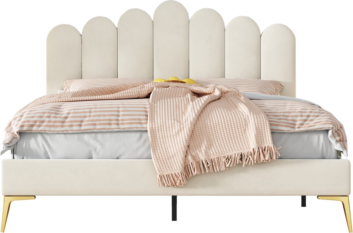 Merax Gestoffeerd Tweepersoonsbed 140x200 cm - Bedframe met Hoofdbord en Lattenbodem - Bed in Huidvriendelijke Fluwelen Stof - Beige
