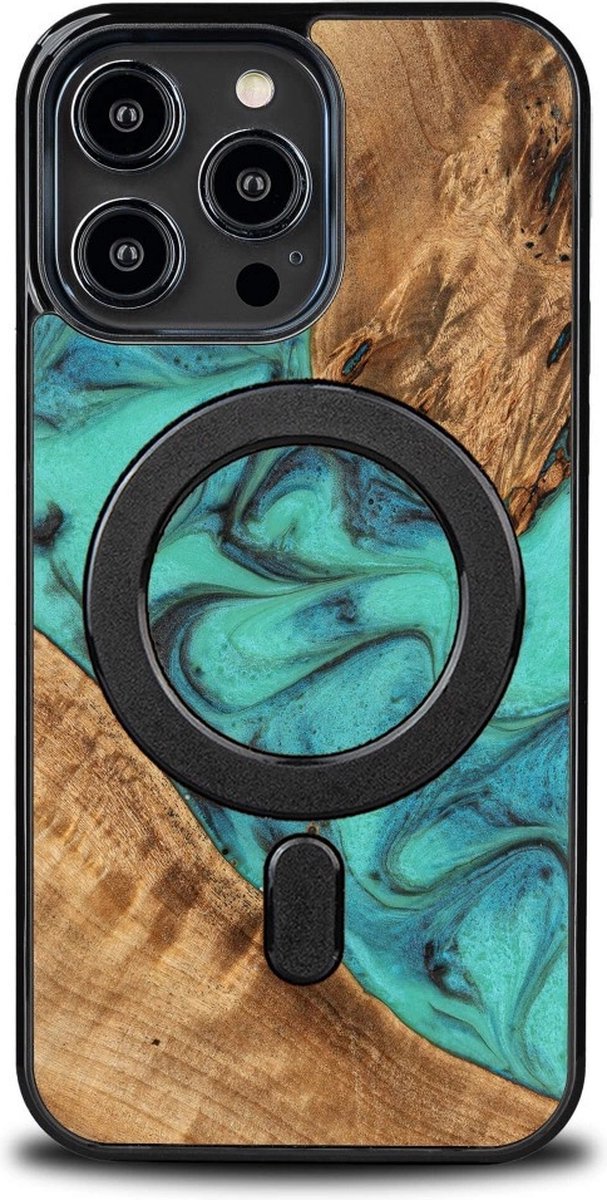 Bewood Unieke MagSafe Turquoise hout- en harshoes voor iPhone 14 Pro Max - turkoois en zwart