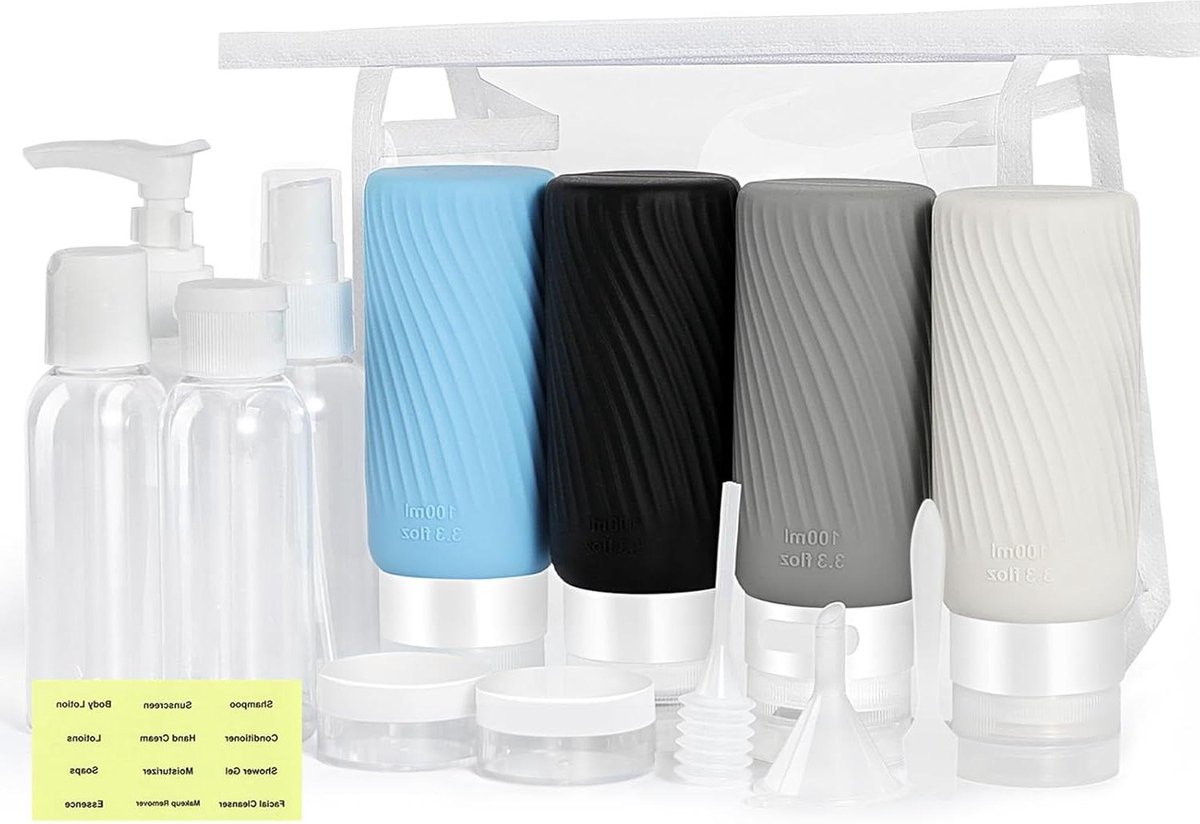 Reisflessen om te vullen 100 ml 15 stuks siliconen reisflessen draagbare reis-gadgets met pvc-tas voor shampoo lotion crème zeep heren dames-reisbenodigdheden. reisflesjes 100ml