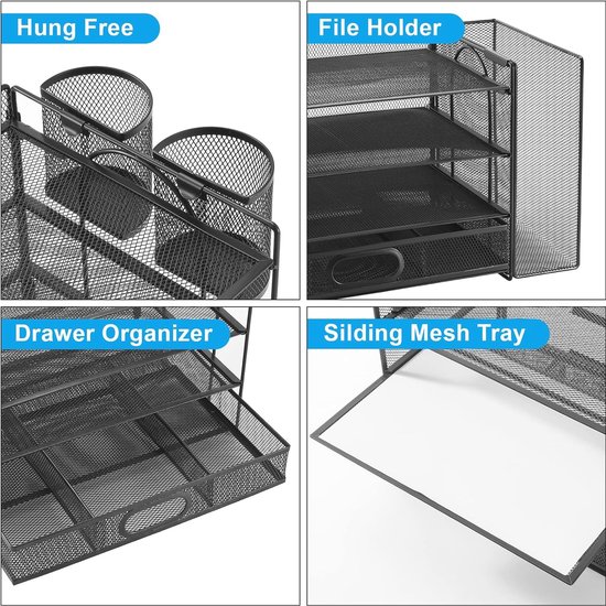 Marbrasse Bureau Organizer met Ordnerhouder, 5 Lagen Brievenbakje,Bureau- Opbergvak met Lade en 2 Pennenhouders,Tijdschriftenhouder Voor Huis Kantoor (Zwart zonder Lade