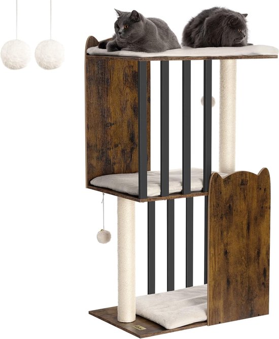 PawHut krabpaal 94H cm klimboom krabpaal met kattengrot en speelbalplatforms sisalzuil kattenspeelgoed met grote kattenkrabpaal pluche bruin crèmewit