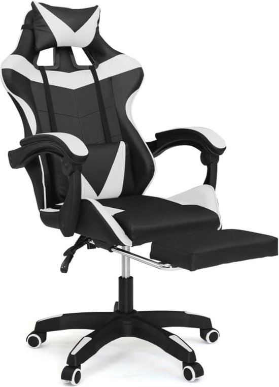 AutoFull Ergonomische gamingstoel voor kantoor, draaibaar, van PU-leer, bureaustoel, hoogte en helling, verstelbaar, met hoofdsteun en lendensteun, voetensteun, grijs
