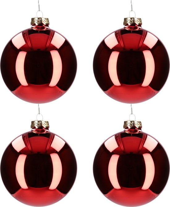 Boules de Noël en Verres - Décoration de Noël - Décorations de Noël - 100mm - Rouge Brillant - Balles de verre pour le sapin de Noël ! - 4 pièces