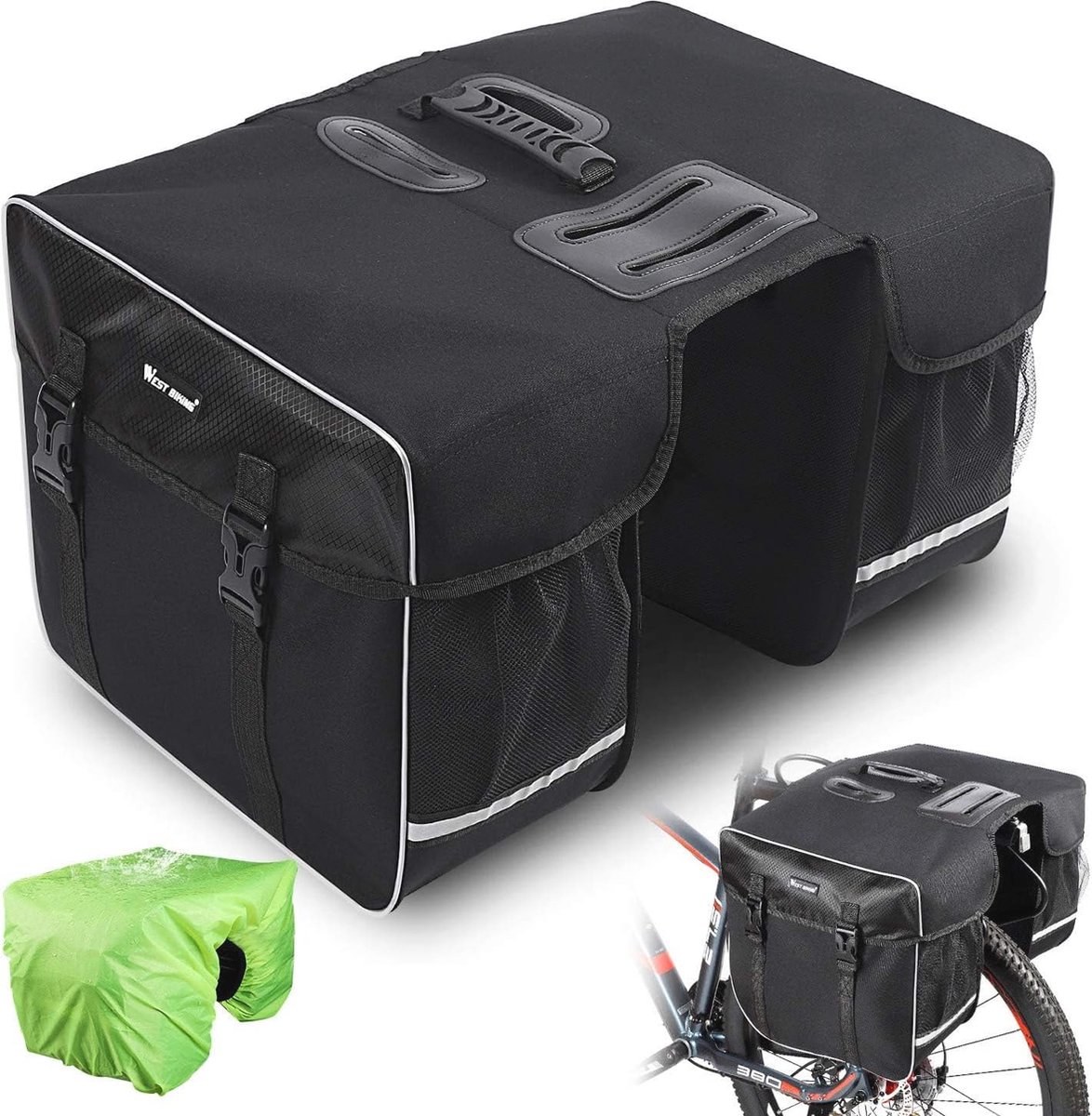 Waterdichte dubbele fietstas - 30 liter bagagedragertas met regenbescherming en reflecterende strepen