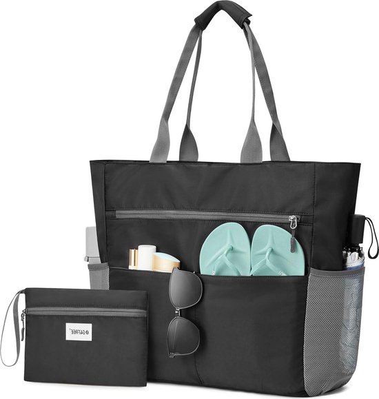 G4Free Grote strandtas voor vrouwen waterdichte zandbestendige stranddraagtas met make-uptas met ritszak, Grijze streep, 50L