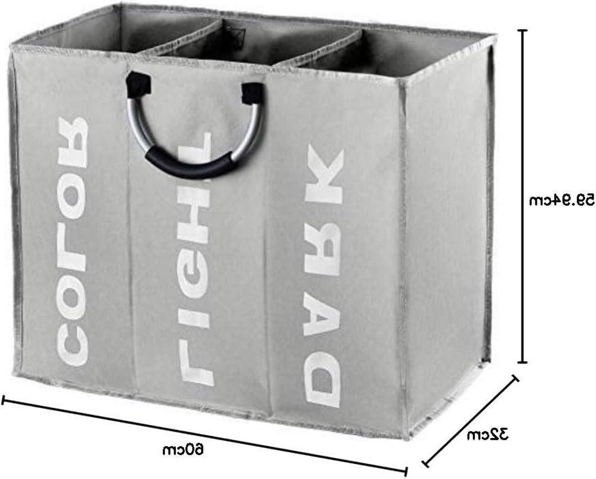 Goedkoopste Opvouwbare Waszak 3 vakken - Grote Mand voor Vuile Was 80L - Kleding Opbergtas met Handvat - Slaapkamer Hotel Slaapzaal - 60x32x49 cm - Donkergrijs wassorteerder