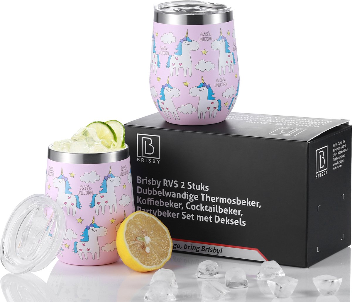 Brisby RVS thermosbekers set – 2x 360 ml – dubbelwandig – Unicorn