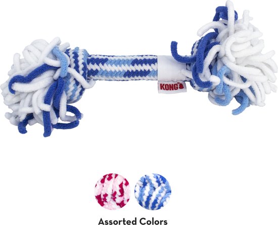 Kong Rope speelgoed voor puppy's, verkrijgbaar in roze of blauw, met witte pompons.