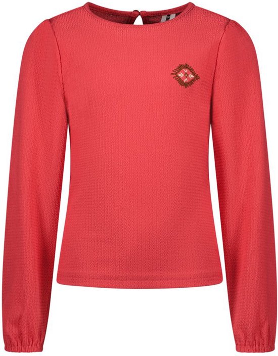 Zachtrode longsleeve top met pofmouwtjes, keyhole sluiting en een geborduurd vierkant met patroon op de borst.