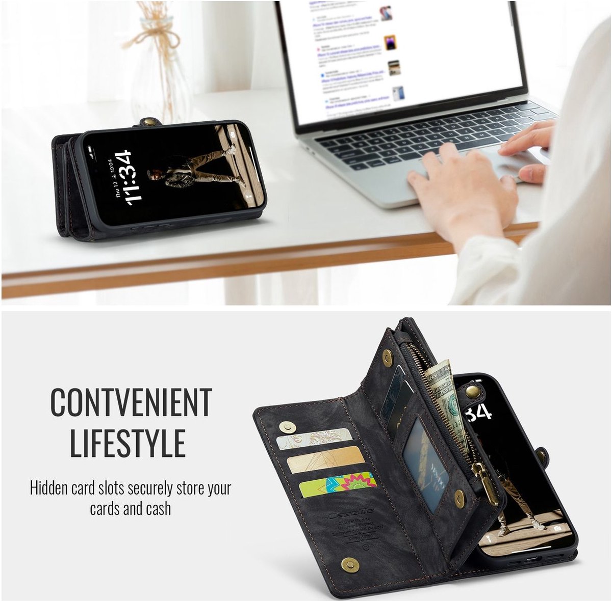 Caseme Telefoonhoesje geschikt voor Apple iPhone 16 Hoesje | Caseme 008 Uitneembare 2in1 Bookcase Portemonnee | Pasjeshouder voor 8 Pasjes | Telefoonhoesje voor Pinpas / OV Kaart / Rijbewijs - Zwart