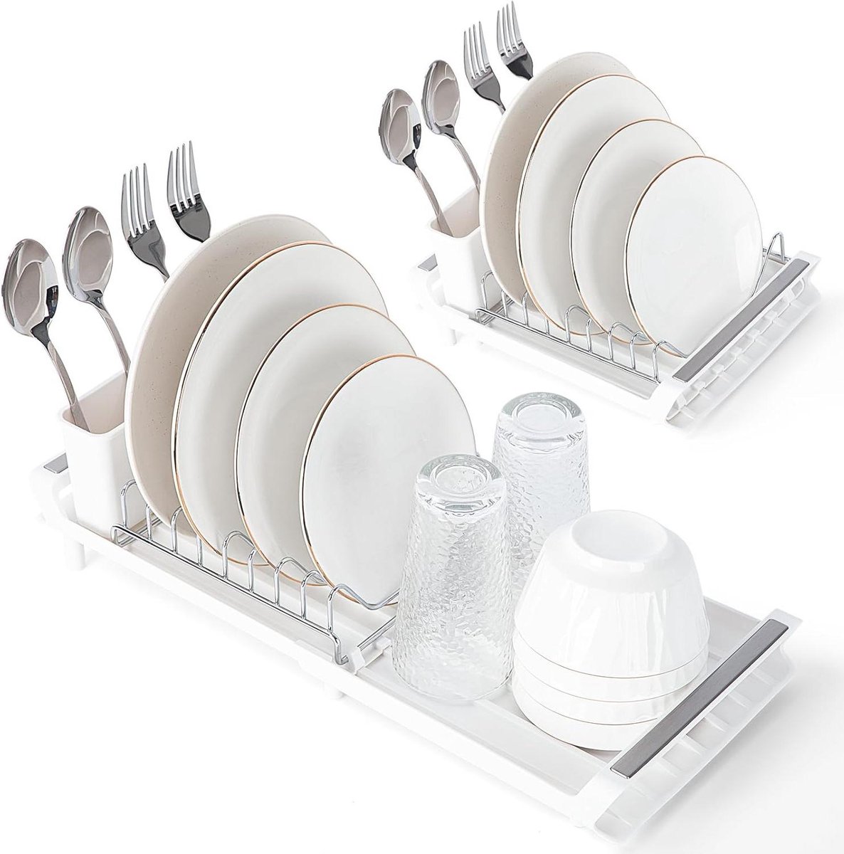 Goedkoopste Compact Uitschuifbaar Afdruiprek - Klein RVS - Uitbreidbaar Afdruiprek - Verwijderbare Bestekhouder - Voor Aanrecht - Wit - DR401W