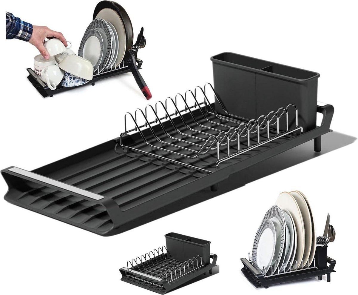 Goedkoopste Compact Uitschuifbaar Afdruiprek Zwart - Klein Afwasrek met Lekbak - Verstelbare Schotel Dish Drying Rack - Bestekhouder - Antislip Voeten - Anti-roestplaat - 28/47 x20cm