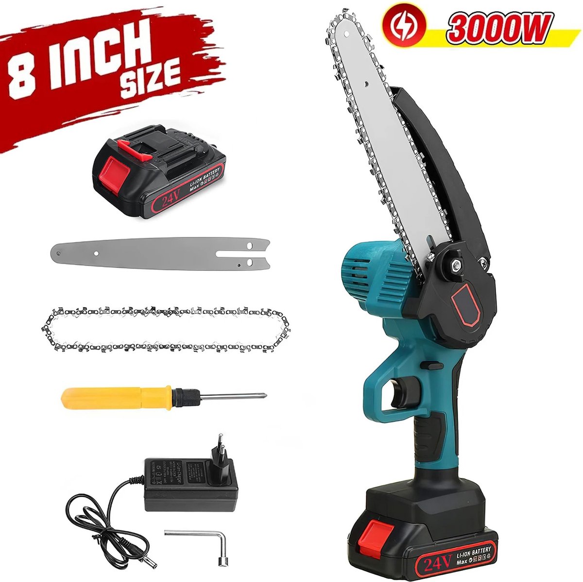 Mini snoeizaag Electrische kettingzaag 3300rpm 24V 3000W 8 inch Met batterij Houtbewerking Gereedschap