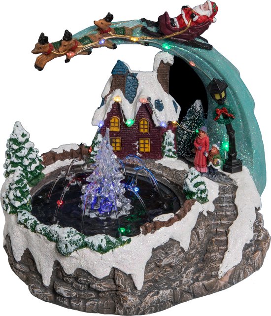 Kerstdorp - kerst tafereel - fontein en slee - met led verlichting - 25 cm