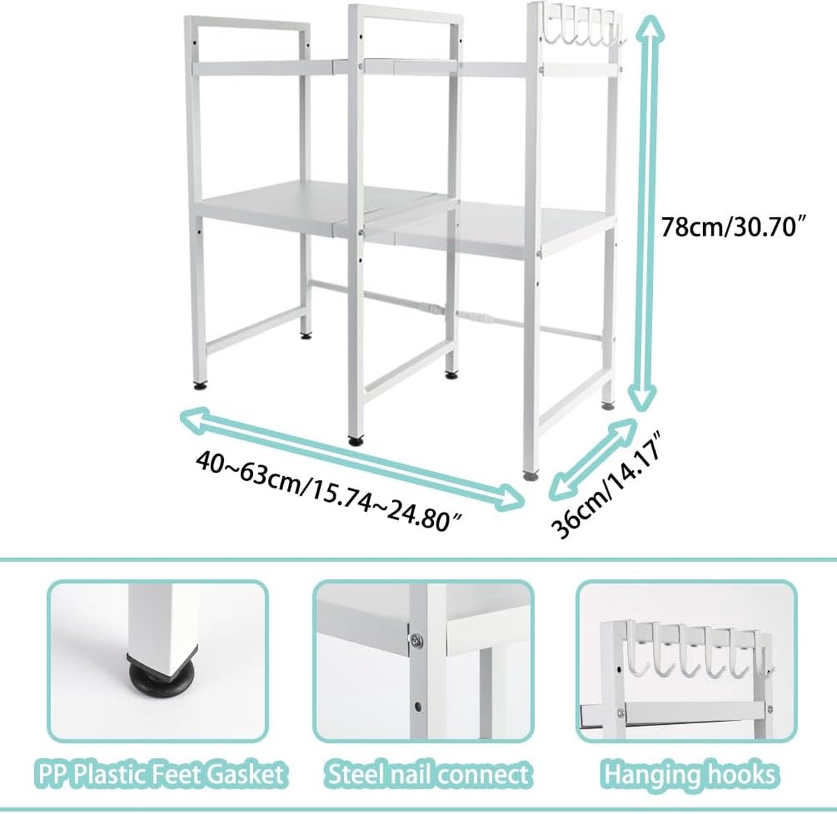 devesanter Étagère extensible pour micro-ondes à 2 niveaux avec 6 crochets - Support de rangement pour plan de travail - Extensible de 40 à 64 cm - Blanc