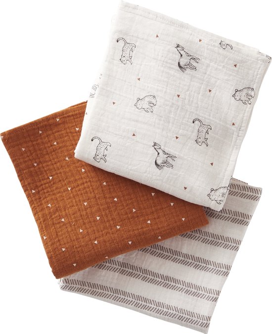 VERTBAUDET Lot De 3 Langes En Gaze De Coton Bio Petit Nomade - Carrés Imprimés Bébé