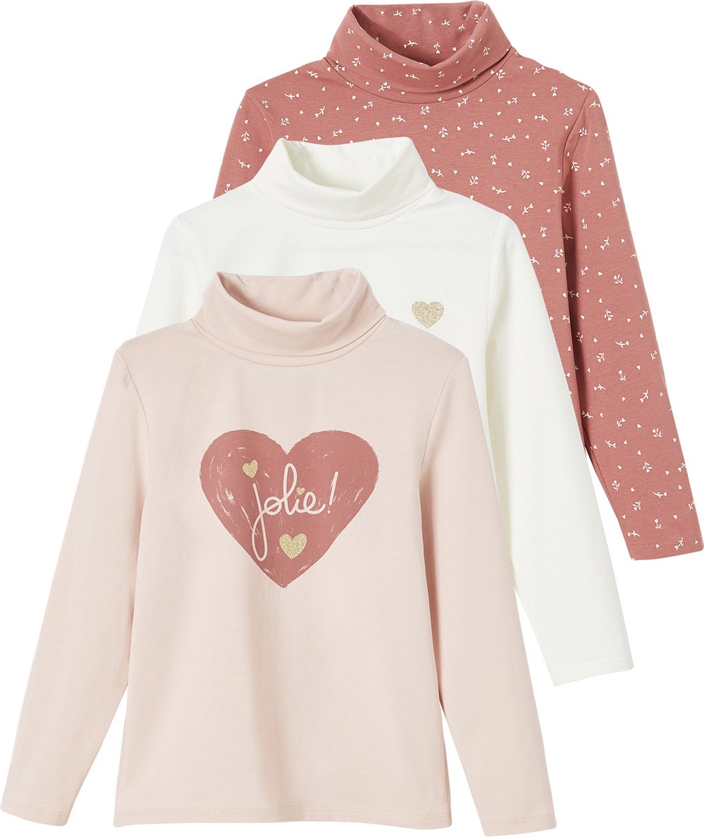 Vertbaudet Set van 3 t-shirts met rolkraag voor meisjes