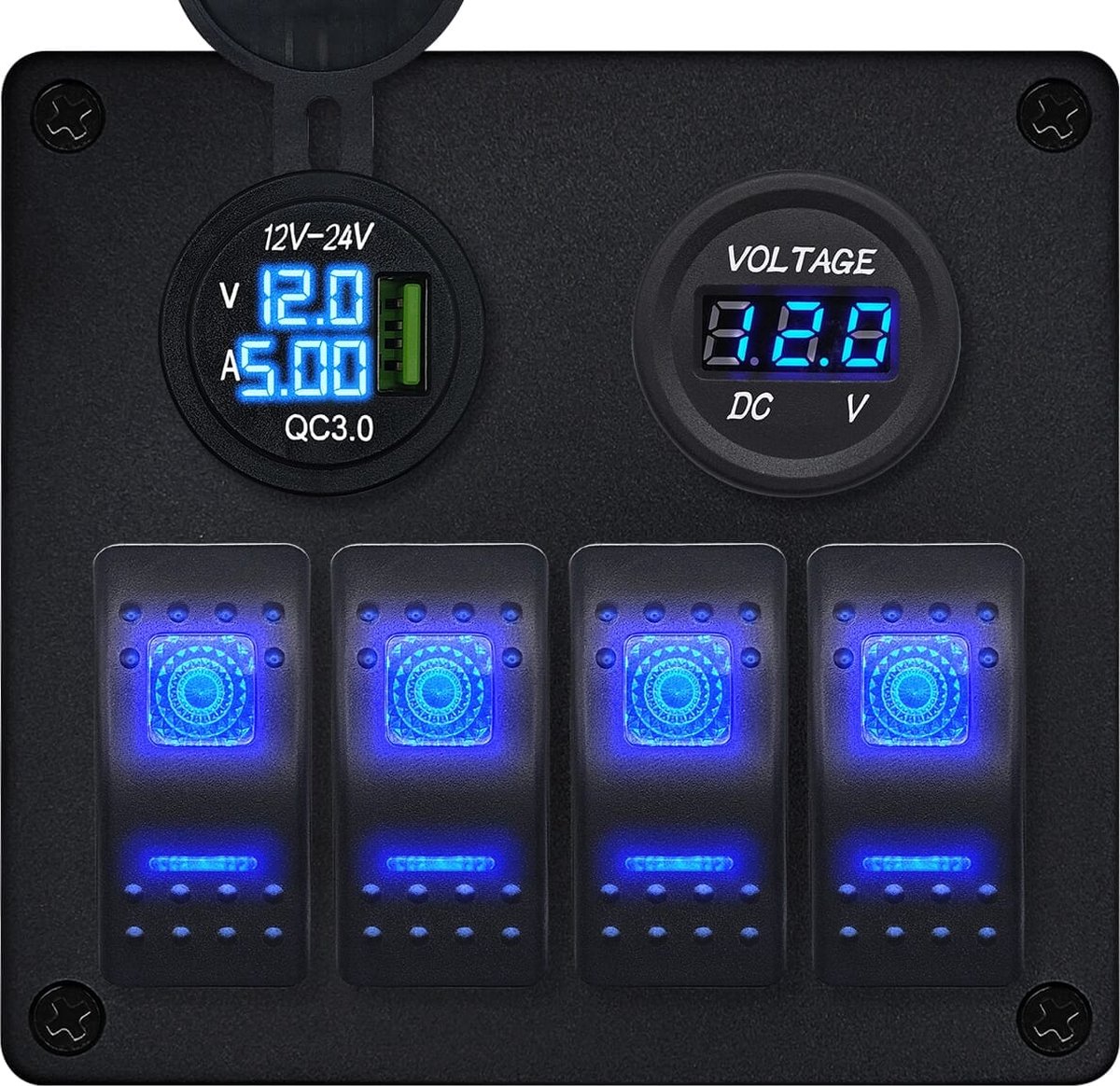 ProRide Schakelpaneel 12V voor Auto/Boot - USB Lader met Voltmeter/Ampèremeter - QC3.0 - 4 schakelaars