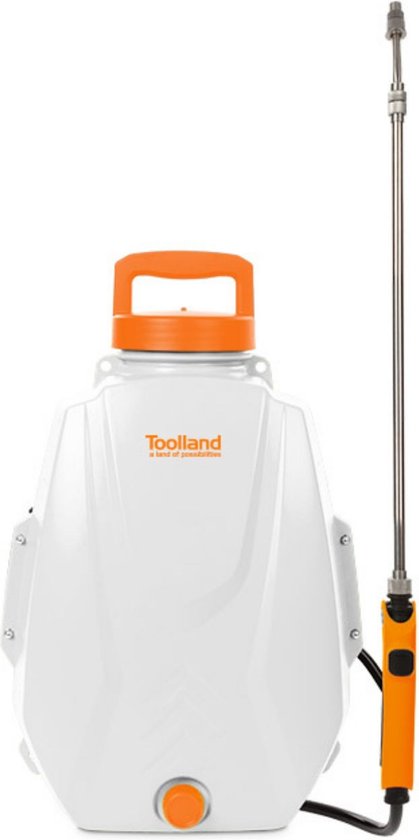 Toolland Drukspuit/Rugspuit, elektrisch, herlaadbare batterij, telescopische lans, regelbare sproeikop, gewatteerde schouderriemen, 12 liter, wit/oranje/zwart