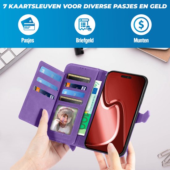 Étui portefeuille violet avec 7 fentes pour cartes et compartiments pour argent, avec photo et billet en euros.