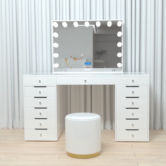 Foto: Vonato pearl glow kaptafel verlichte spiegel bluetooth functie inclusief kruk voor de make up tafel