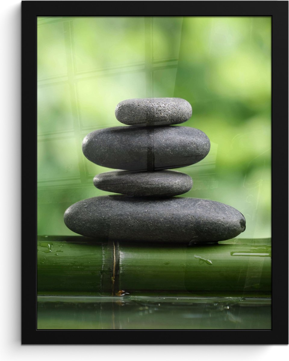 FrameYourWall Poster in lijst - Fotolijst 30x40 cm - Posters - Zen - Stenen - Groen - Natuur - Bamboe - Posterlijst zwart - Wanddecoratie badkamer - Muurdecoratie WC - Decoratieve accessoires - Toilet muur decoratie