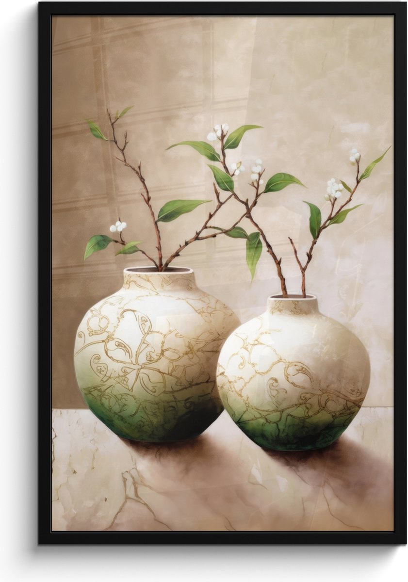 FrameYourWall Poster in lijst - Fotolijst 60x90 cm - Posters - Bloemen - Vaas - Wit - Botanisch - Beige - Posterlijst zwart - Wanddecoratie badkamer - Muurdecoratie WC - Decoratieve accessoires - Toilet muur decoratie Beige - Vazen