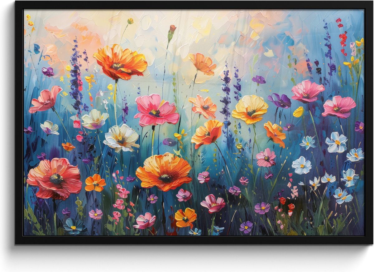 FrameYourWall Poster in lijst - Fotolijst 90x60 cm - Posters - Bloemen - Natuur - Waterverf - Kunst - Posterlijst zwart - Decoratie - Wanddecoratie woonkamer - Muurdecoratie slaapkamer Weidebloemen