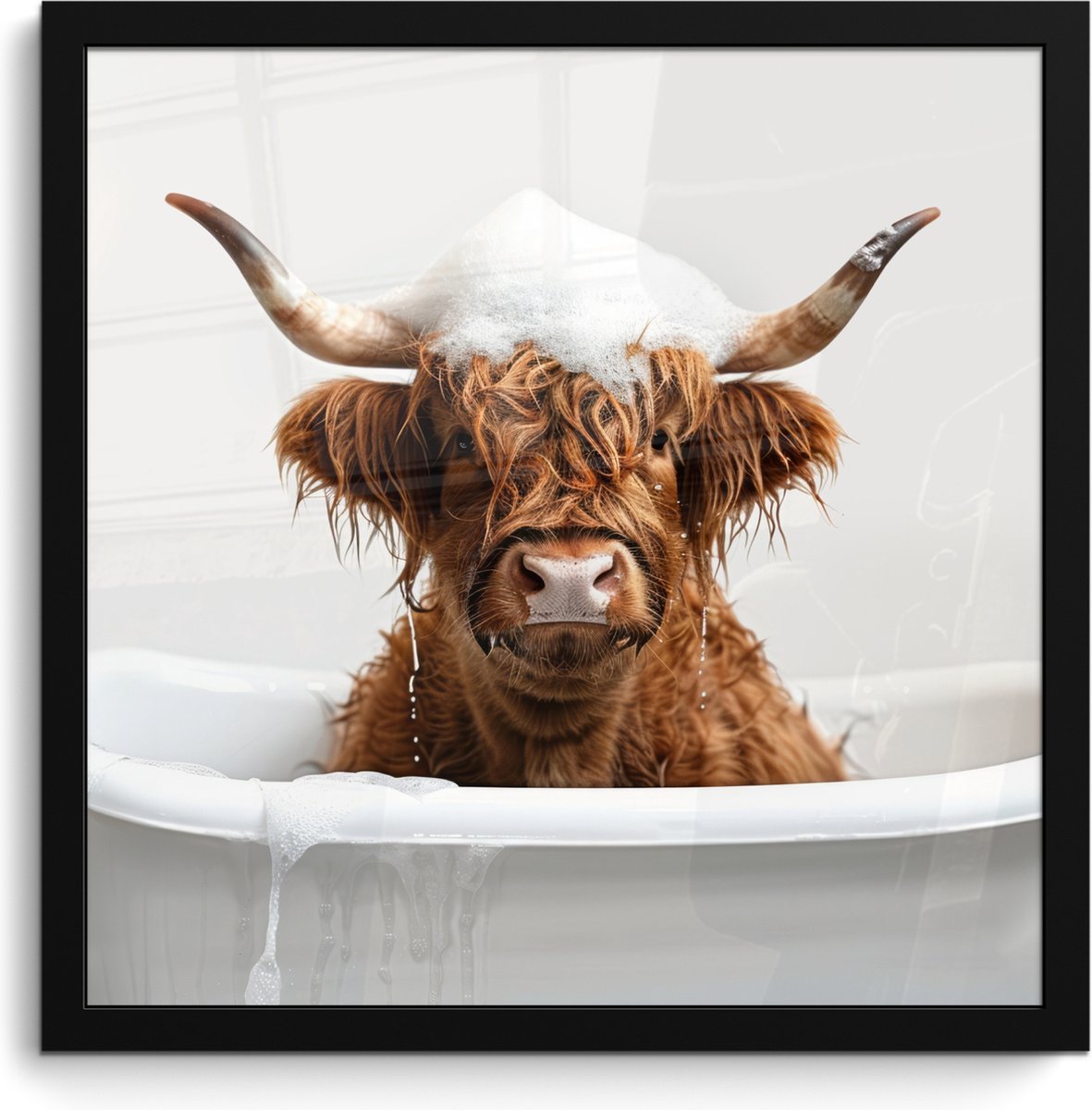 FrameYourWall Poster in lijst - Fotolijst 40x40 cm - Posters - Schotse Hooglander - Bad - Koe - Dieren - Schuim - Posterlijst zwart - Wanddecoratie badkamer - Muurdecoratie WC - Decoratieve accessoires - Toilet muur decoratie