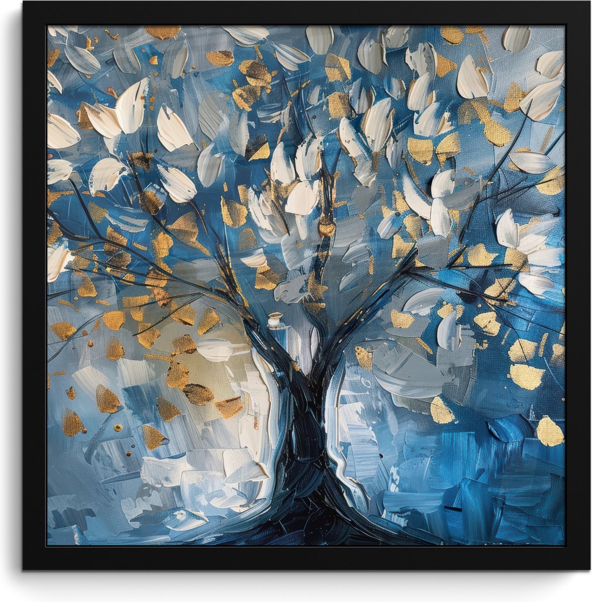 FrameYourWall Poster in lijst - Fotolijst 40x40 cm - Posters - Boom - Blauw - Goud - Abstract - Posterlijst zwart - Decoratie - Wanddecoratie woonkamer - Muurdecoratie slaapkamer