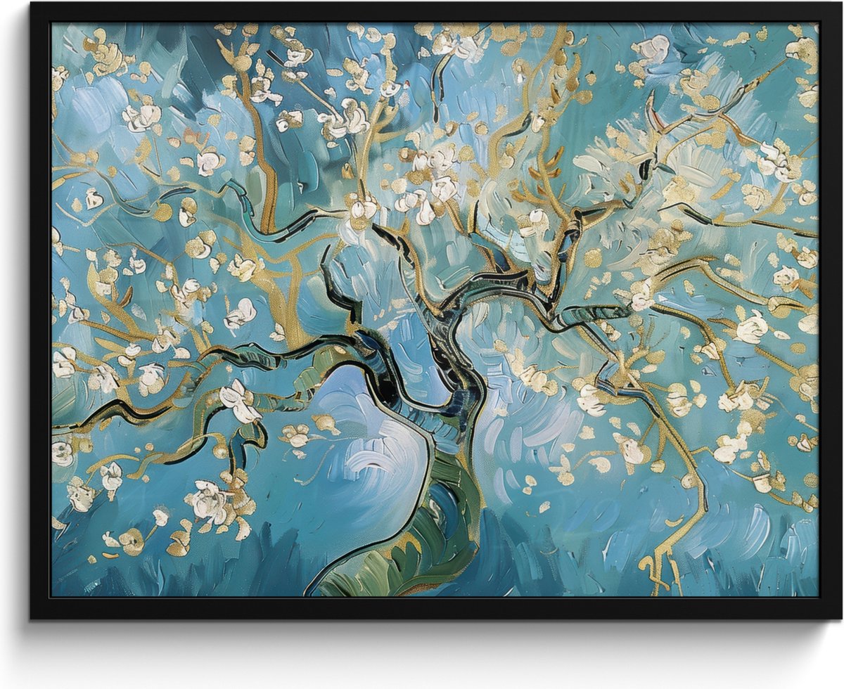 FrameYourWall Poster in lijst - Fotolijst 80x60 cm - Posters - Amandelbloesem boom - Blauw - Abstract - Posterlijst zwart - Decoratie - Wanddecoratie woonkamer - Muurdecoratie slaapkamer Blauw - Goud