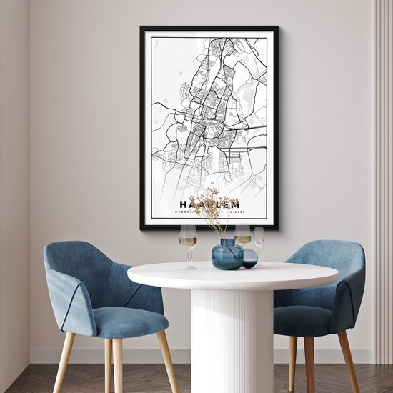 Affiche avec cadre Carte - Haarlem - Zwart - Wit - 60x90 cm