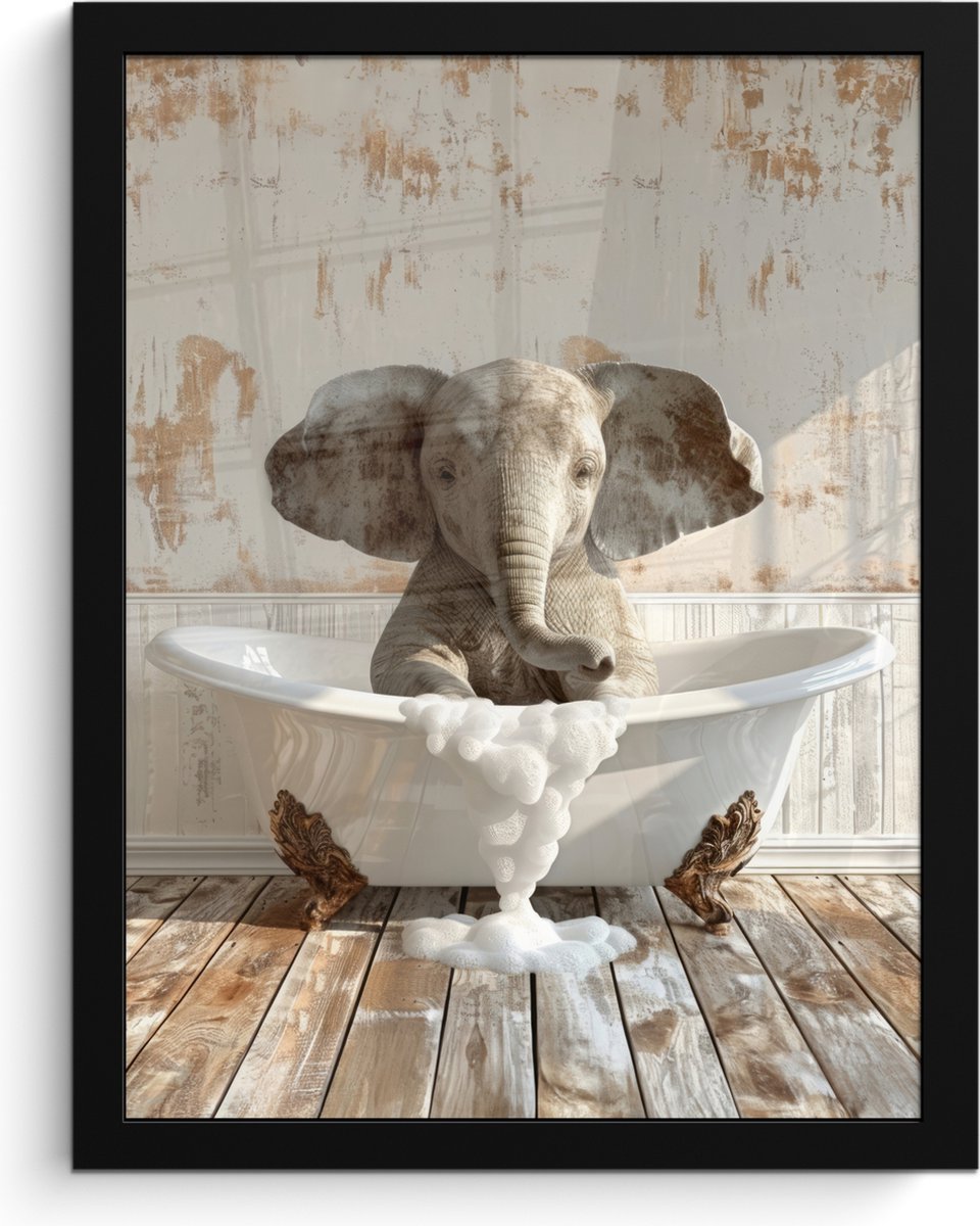 FrameYourWall Poster in lijst - Fotolijst 30x40 cm - Posters - Vintage - Olifant - Badkuip - Schuim - Wilde dieren - Posterlijst zwart - Wanddecoratie badkamer - Muurdecoratie WC - Decoratieve accessoires - Toilet muur decoratie