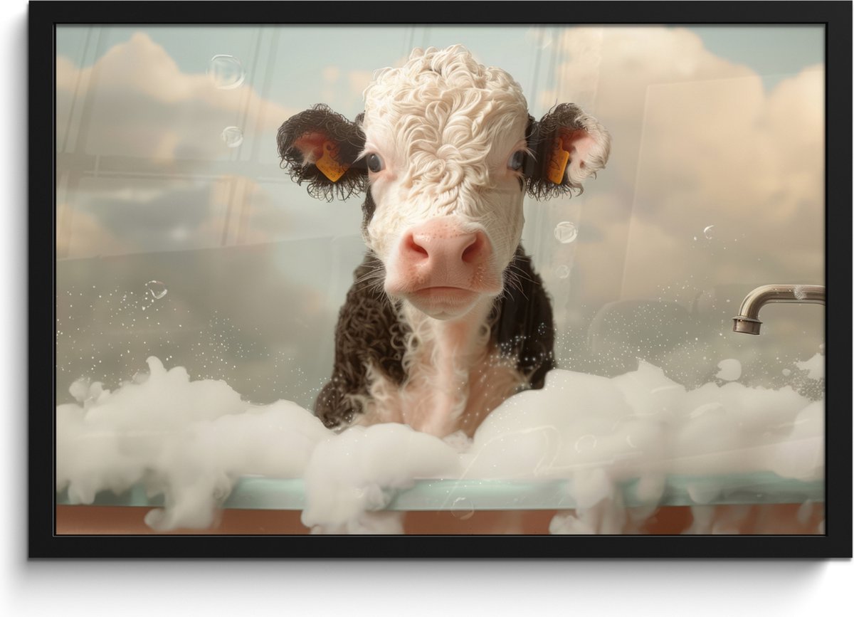 Poster in lijst - Fotolijst 60x40 cm - Posters - Kalf - Koe - Bad - Schuim - Dieren - Post