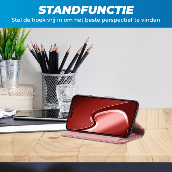 Coque adaptée pour iPhone 16 Plus - Bookcase - Cordon - Porte-cartes - Portefeuille - Motif fleurs - Simili cuir - Rose