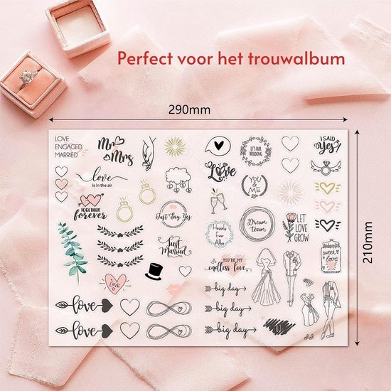 Transparante stickers voor huwelijksfotoalbum: 'love', ringen, bruidsparen, 'just married', afmetingen 290x210mm.