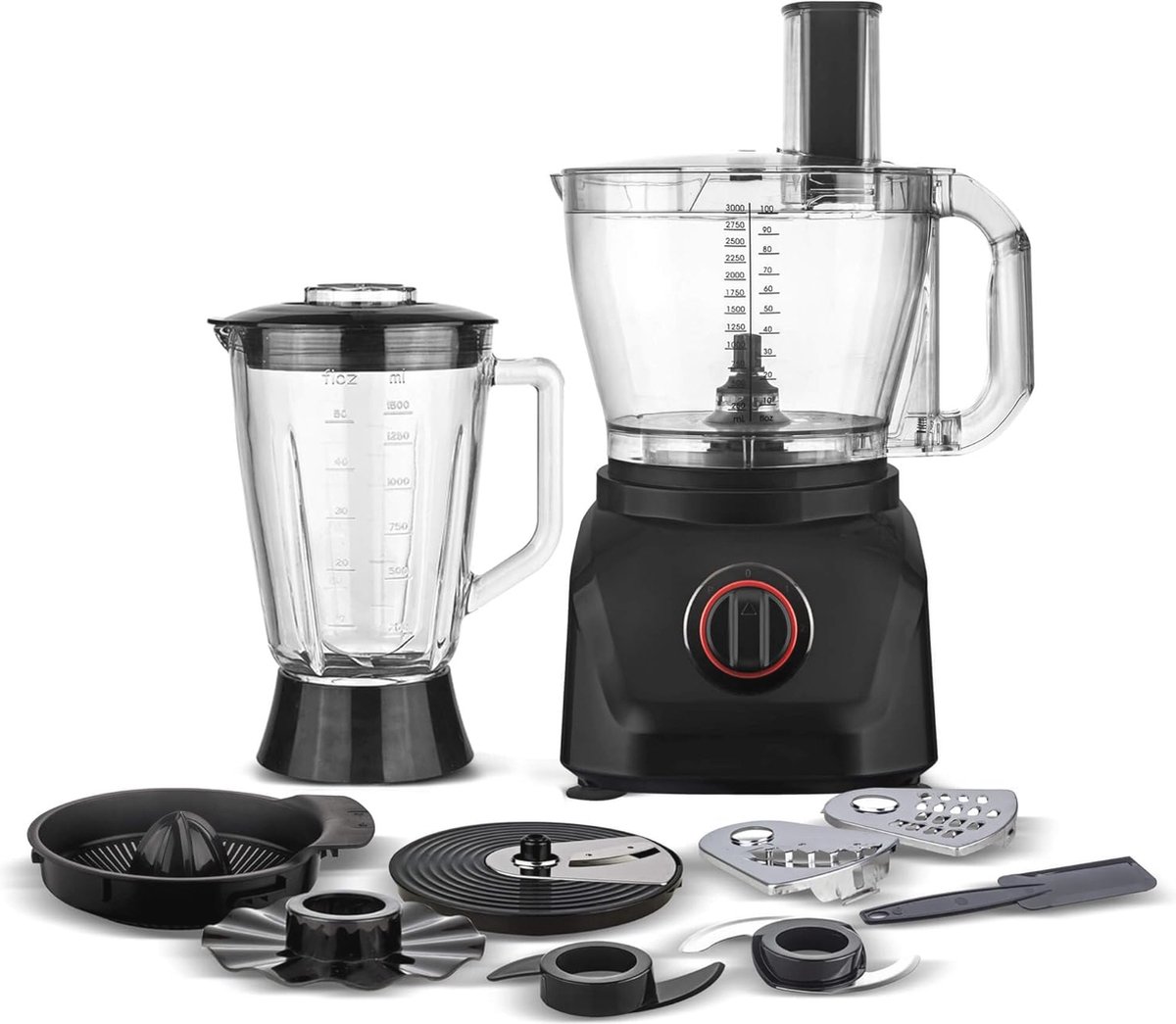 Keukenmachine met 1900 W, 8-in-1 voedselprocessor, blender en glazen karaf