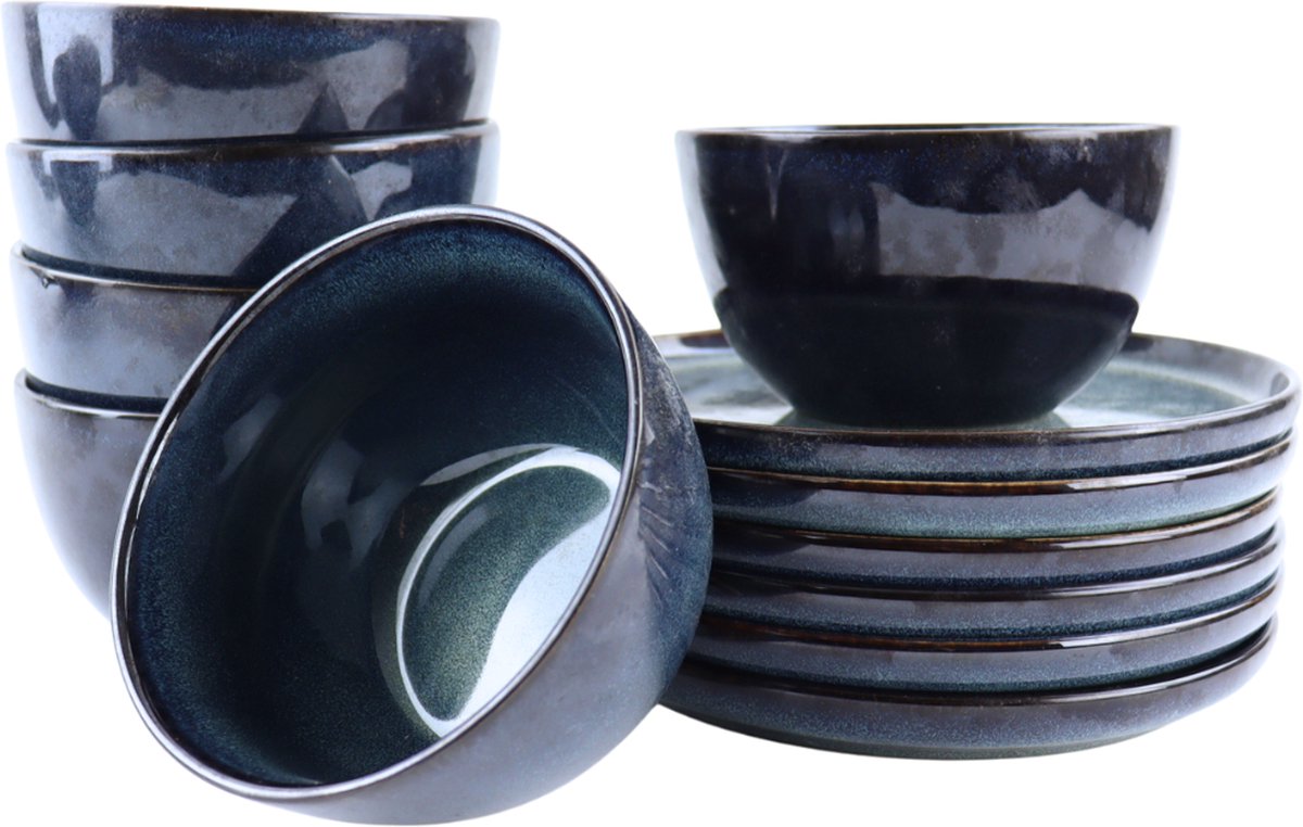 OTIX Serviesset - 6 Persoons - met Bordenset - Soepkommen - 600ml - Schaaltjes - EBONY