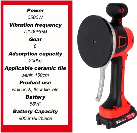 Mygroot - Vibrateur pour carrelage - Jusqu'à 200kg - Support pour carrelage - Lève-carrelage - Vibrateur pour carrelage Aspirateur - Ventouse pour carrelage - 6 Positions - 3500 w - 18v - Comprenant 2 piles et coffret de rangement