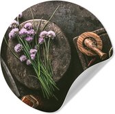WallCircle® - Behangcirkel 120x120 cm - Muurstickers Bieslook - Keuken - Vijzel - Rustiek - Kruiden - Paars - Muurcirkel keuken - Wanddecoratie accessoires - Zelfklevend schilderij - Wandcirkel decoratie