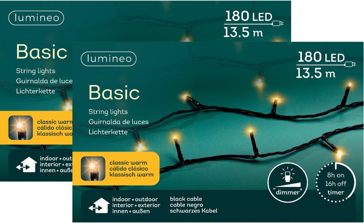 Lumineo Kerstverlichting - 2x - 180 leds - klassiek warm wit -1350 cm - black cable - timer en dimmer