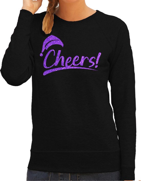 Bellatio Decorations foute kersttrui/sweater dames - Cheers - zwart - glitter paars - Kerstman M