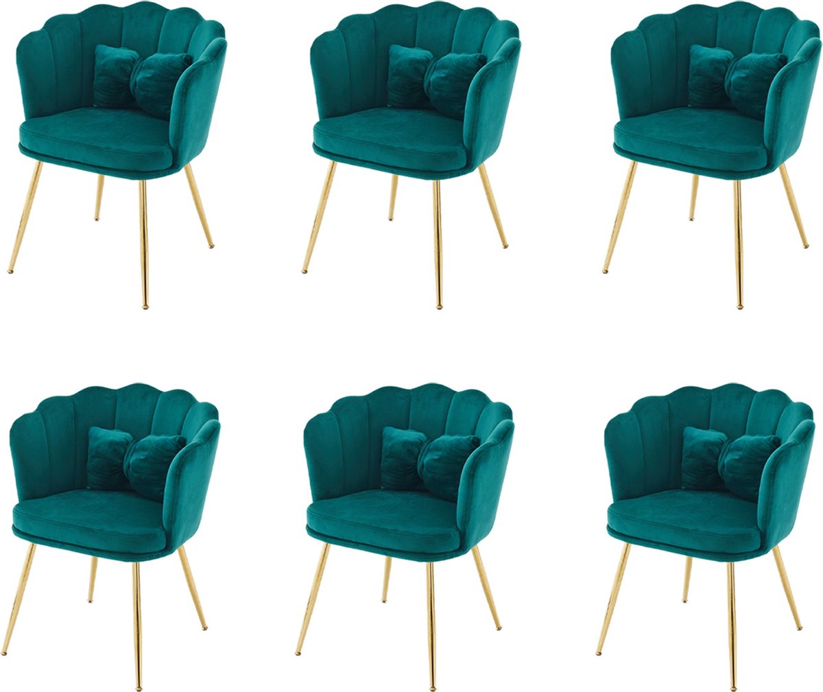 Merax Fluwelen Stoelen Set van 6 – Groen – Eetkamerstoelen met Bloemen Vorm Rugleuning en Gouden Poten
