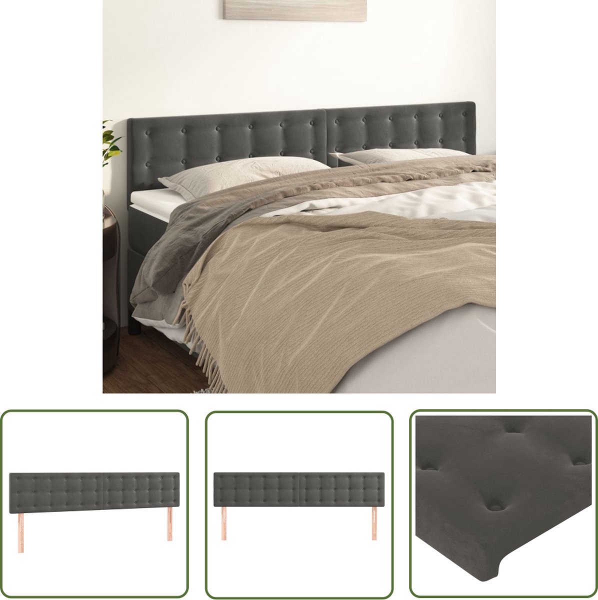 The Living Store Hoofdeind Velours Donkergrijs - Set van 2 - 160x5x78/88 cm - Verstelbare hoogte
