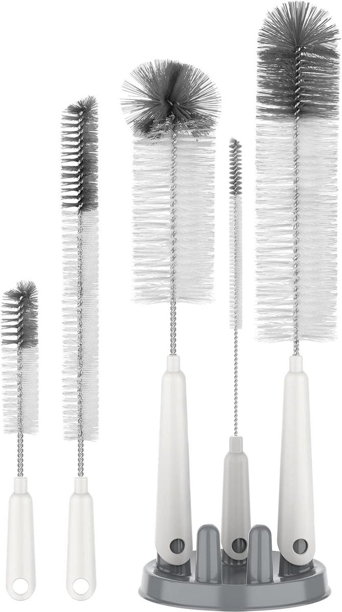 Image of 5-pack flessenborstelreinigingsset met opberghouder - lange smalle hals - waterfles babyfles - drinkglas flessenborstel