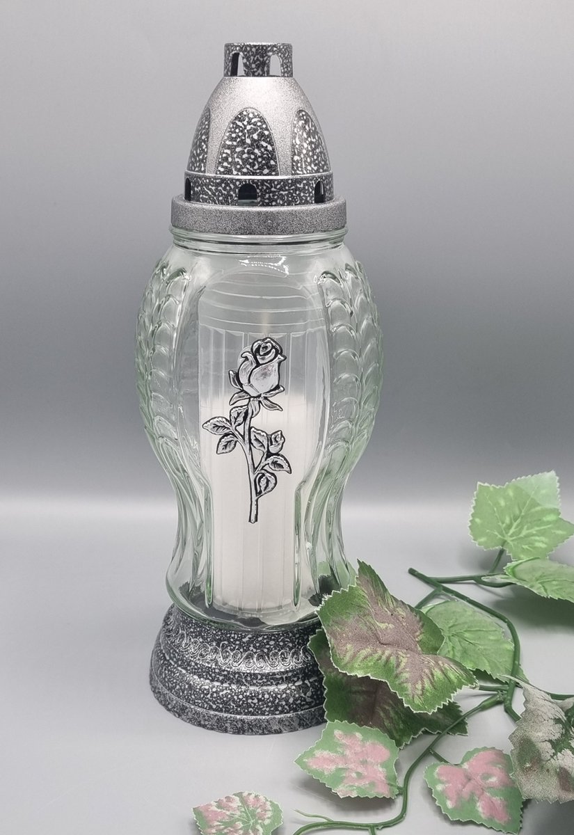 Lubema Herdenkingslicht - R509b - Zilver - Roos - Grafkaars – Graflicht – Graflantaarn – Grafdecoratie - Windlicht