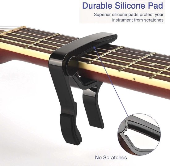 WiNGO Capodaster, gitaarcapo legering voor Folk 6 snaren, gitaar, elektrische en akoestische gitaren, ukelele, mandoline en banjo met 5 plectrums, zwart